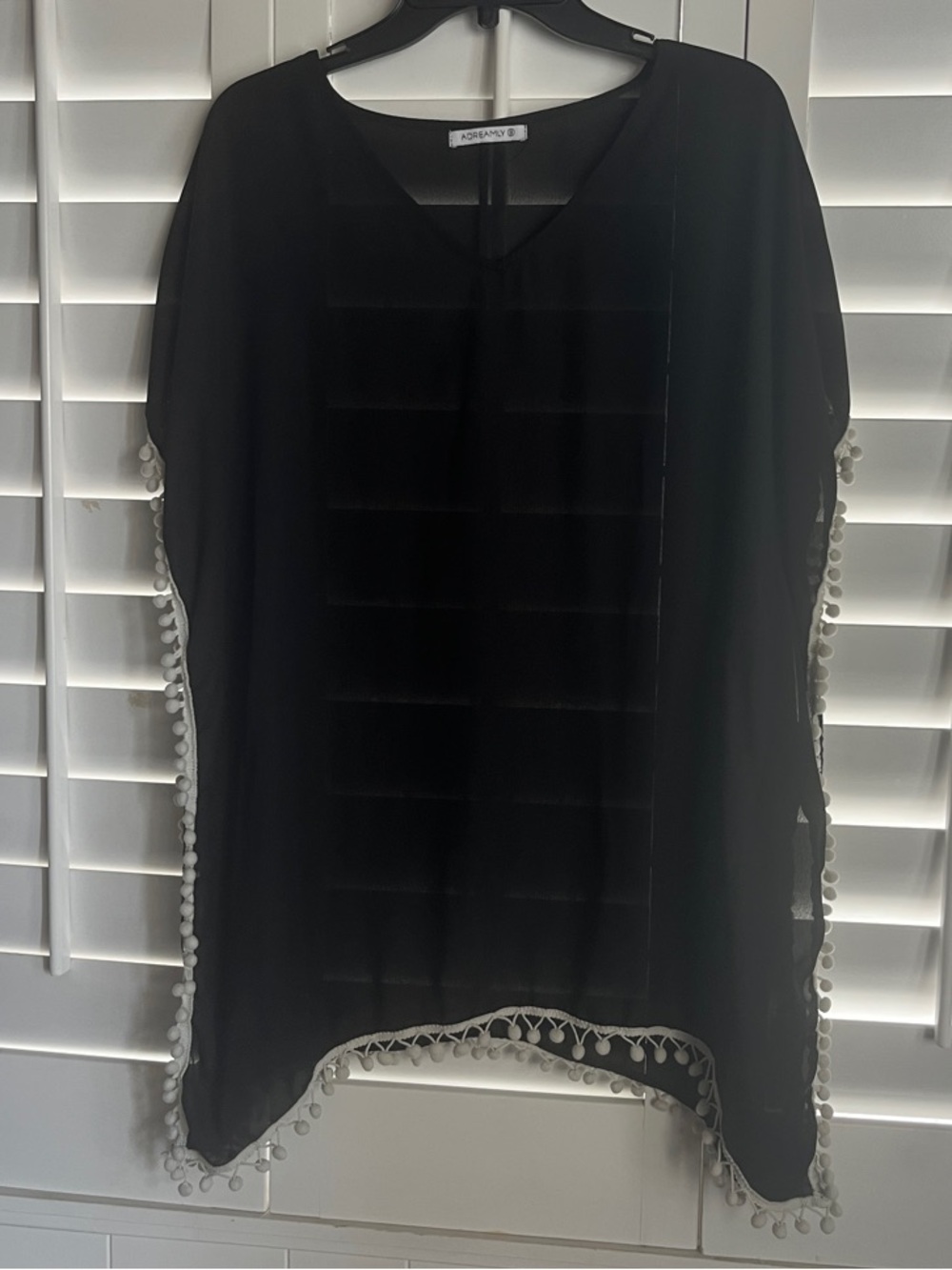 AdoreMey Black Sheer Swim Coverup with White Pom Trim S